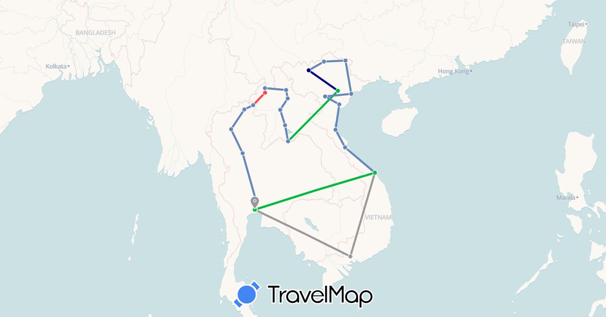 TravelMap itinerary: driving, bus, plane, cycling, hiking in Laos, Thailand, Vietnam (Asia)